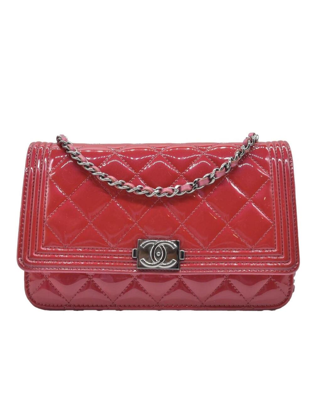 $3350 Chanel Patent Calfskin Quilted Boy Wallet On Chain WOC